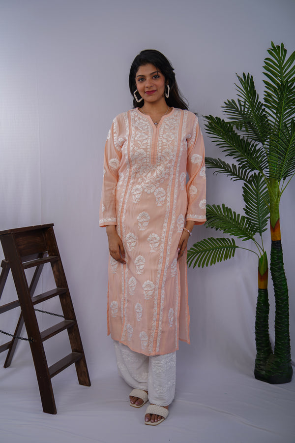 Peach Soft Chanderi Chikankari Kurta with White Embroidery