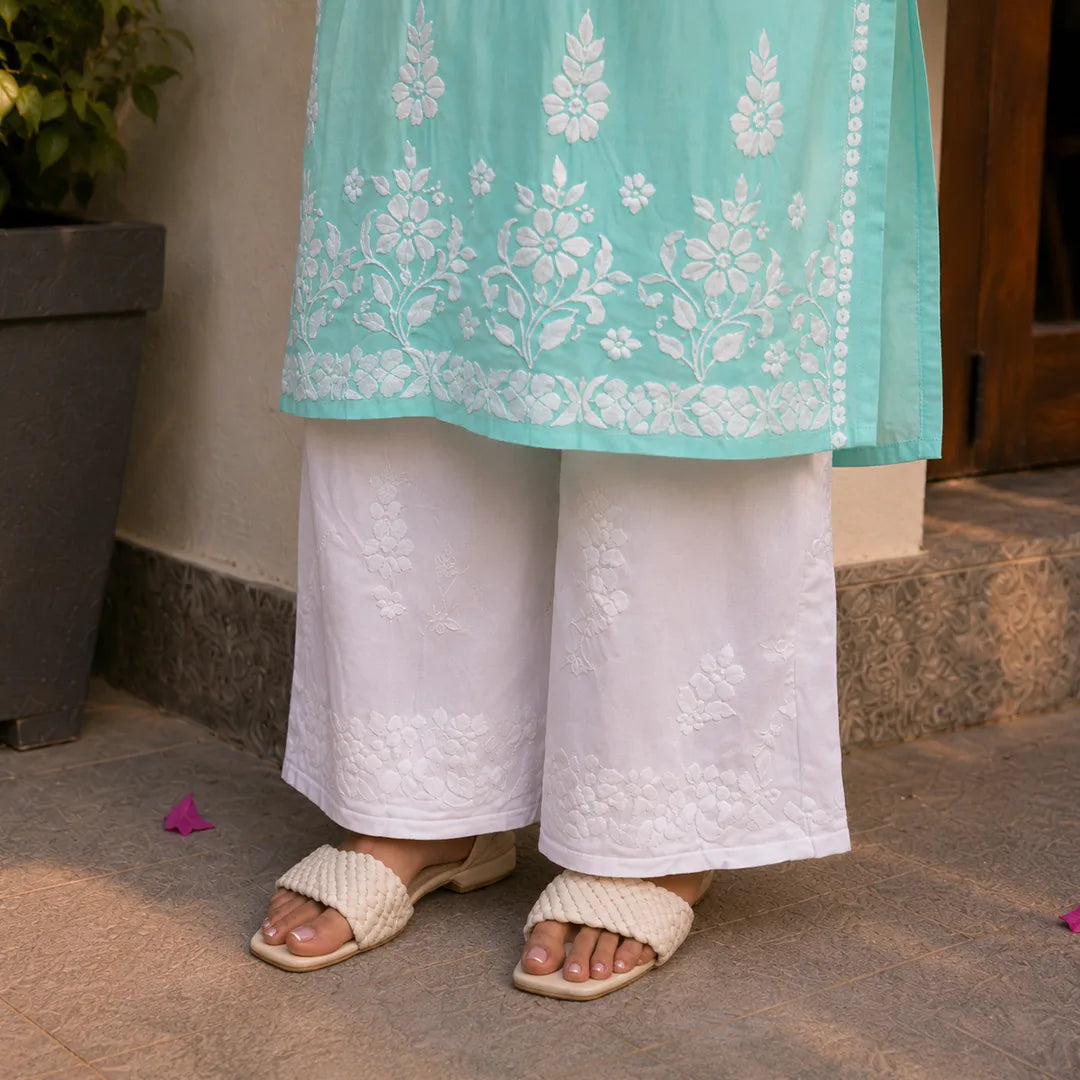 Modal Hand Chikankari Solid Women's Long Kurta - Aqua Blue