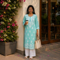 Aqua Blue Pure Modal Kurti with White Handwork Chikankari Embroidery