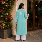 Aqua Blue Pure Modal Kurti with White Handwork Chikankari Embroidery