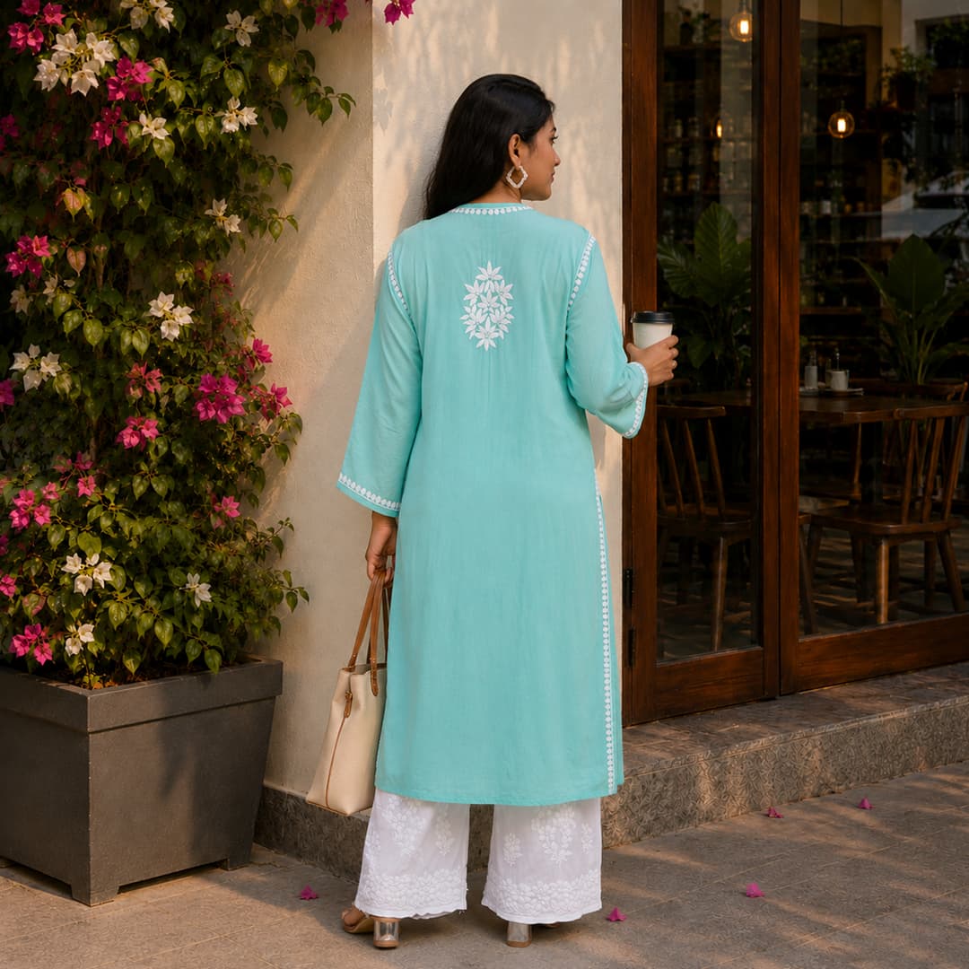 Aqua Blue Pure Modal Kurti with White Handwork Chikankari Embroidery