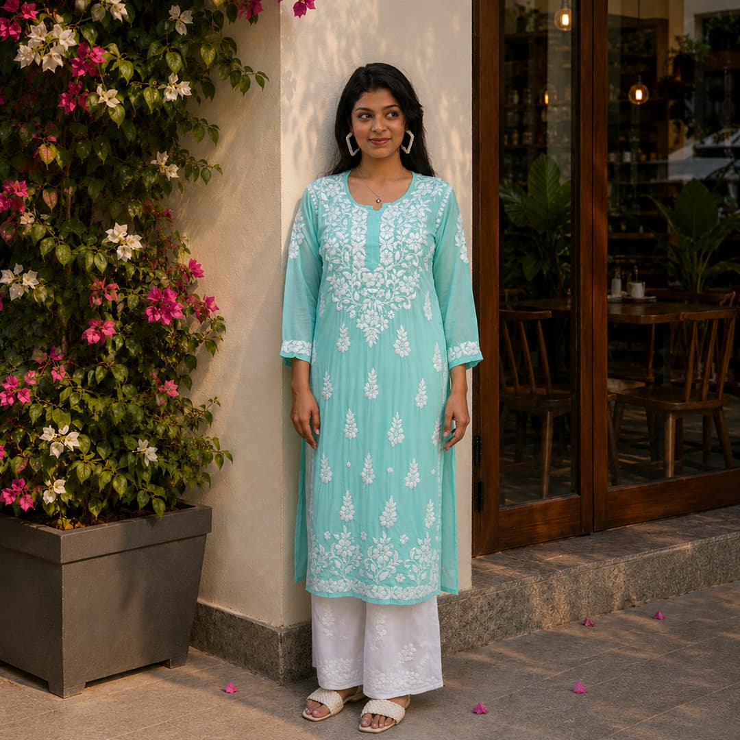 Aqua Blue Pure Modal Kurti with White Handwork Chikankari Embroidery