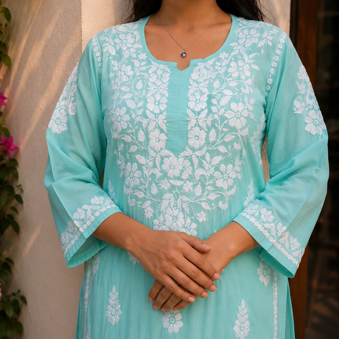 Aqua Blue Pure Modal Kurti with White Handwork Chikankari Embroidery