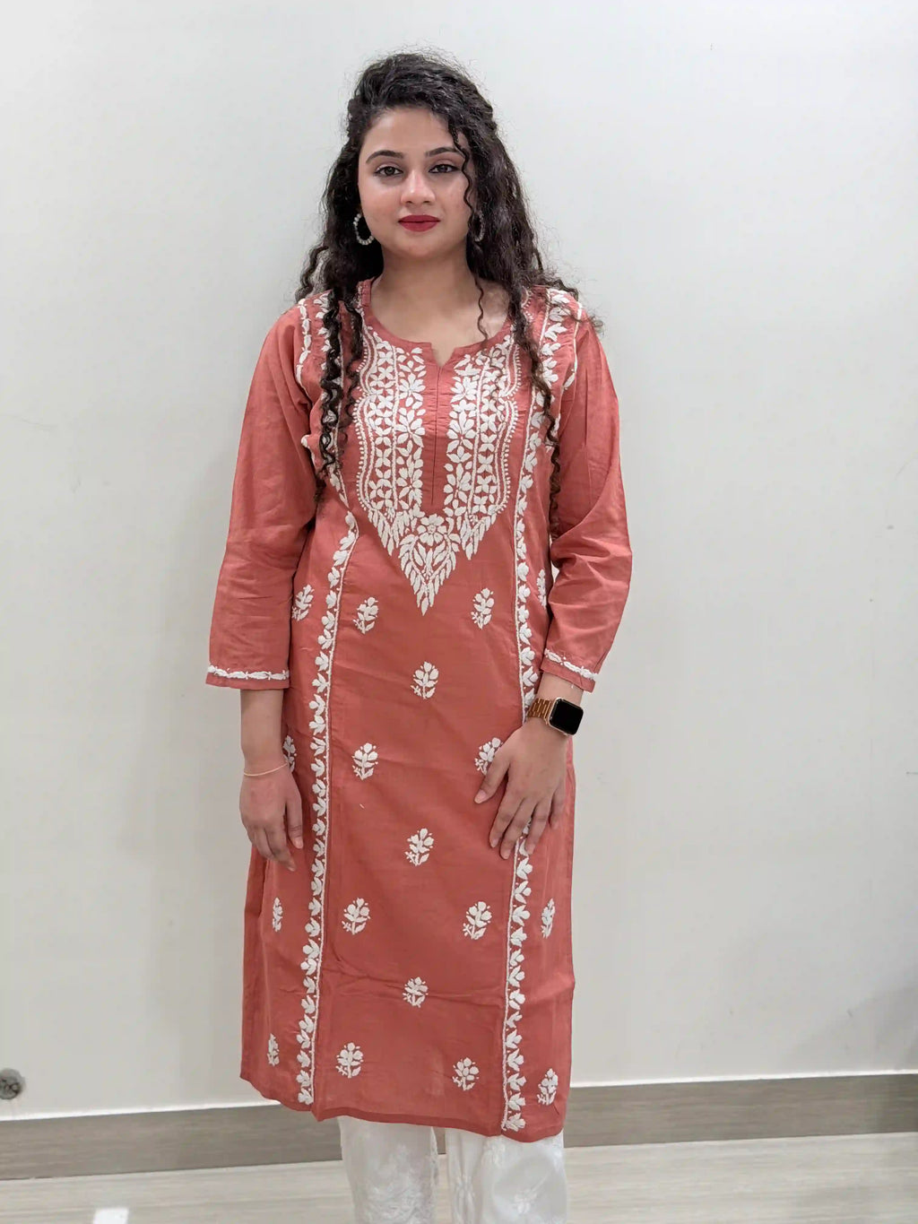 Cotton Chikankari Solid Women's Long Kurta - Brick Red