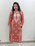 Cotton Chikankari Solid Women's Long Kurta - Brick Red