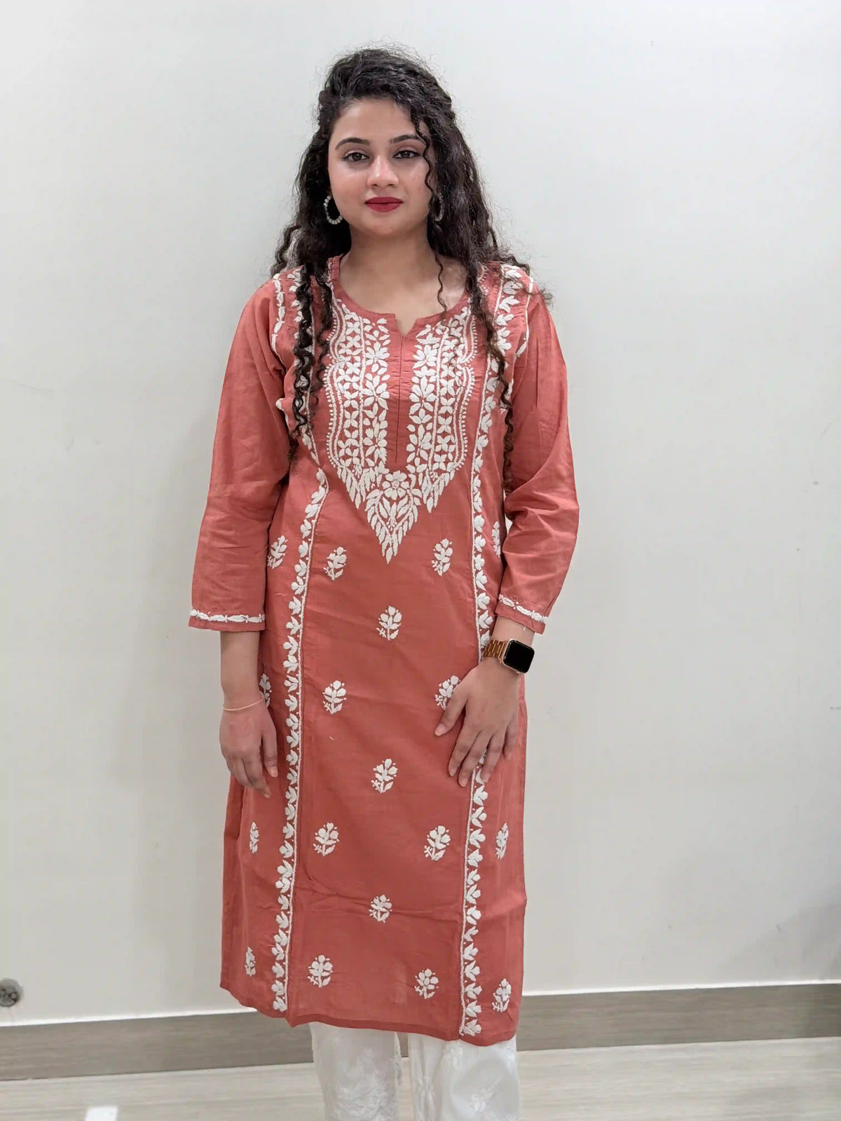 Cotton Chikankari Solid Women's Long Kurta - Brick Red