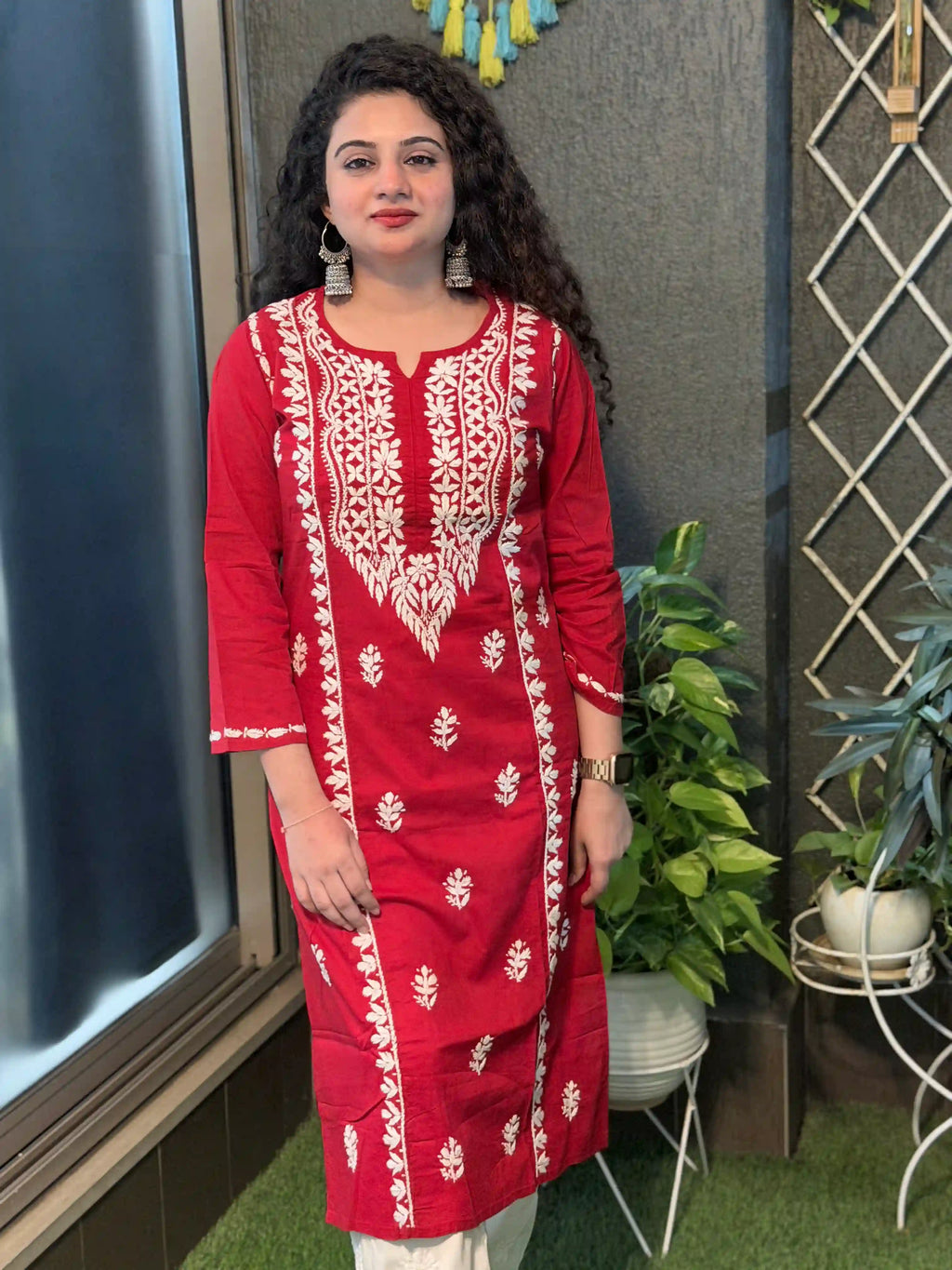 Cotton Chikankari Solid Women's Long Kurta - Red
