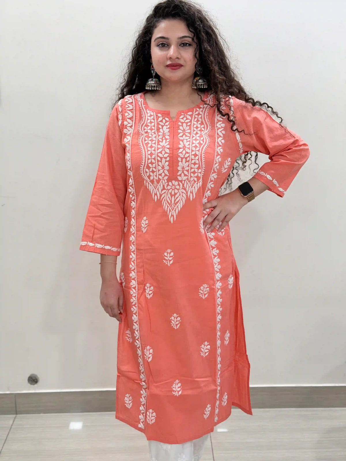 Cotton Chikankari Solid Women's Long Kurta - Carrot Orange