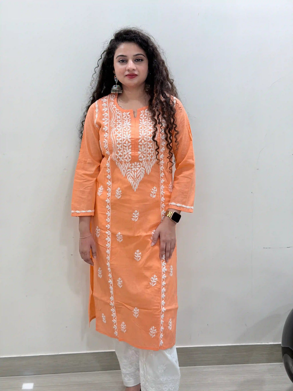 Cotton Chikankari Solid Women's Long Kurta - Peach