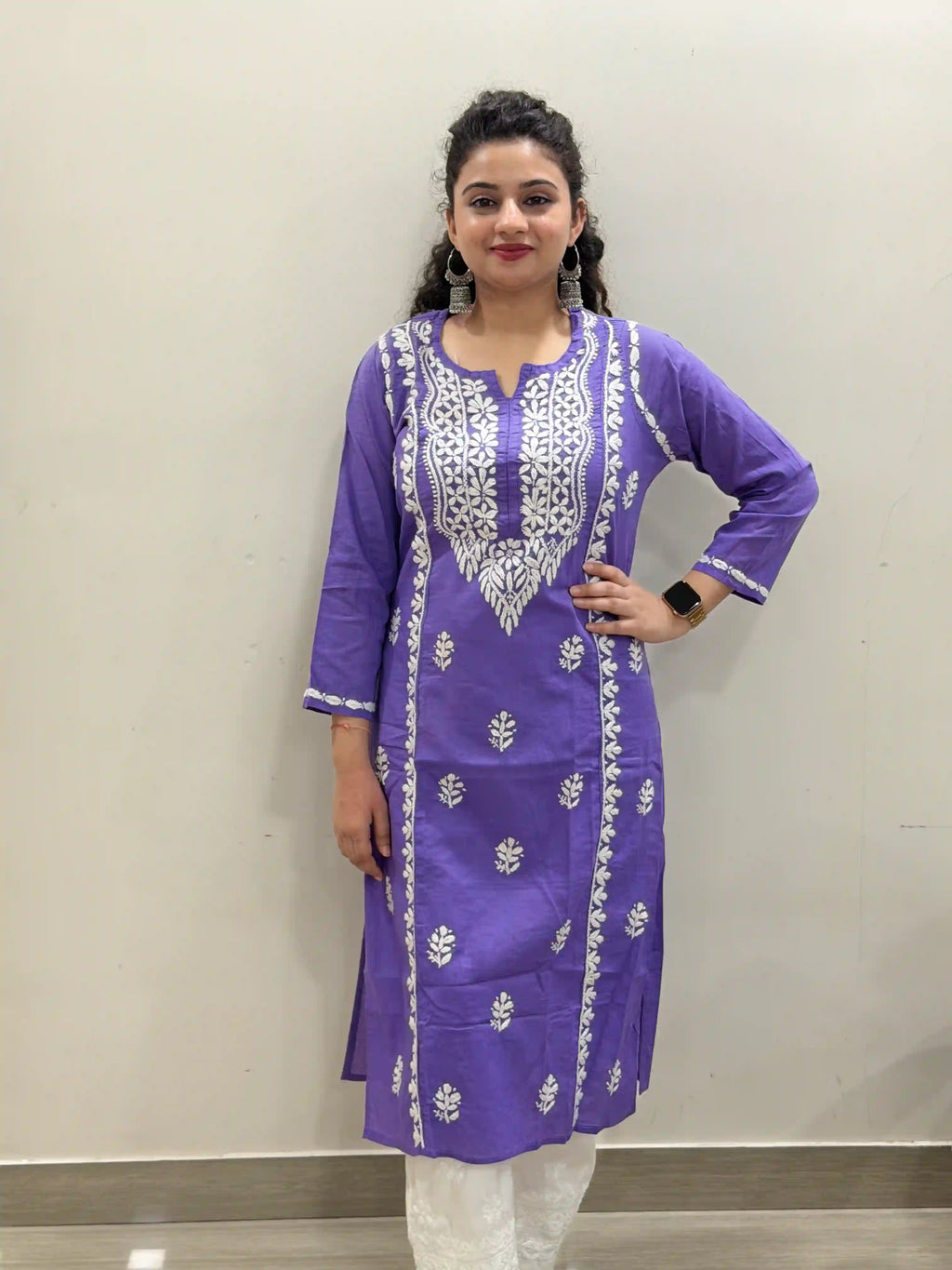 Cotton Chikankari Solid Women's Long Kurta - Purple