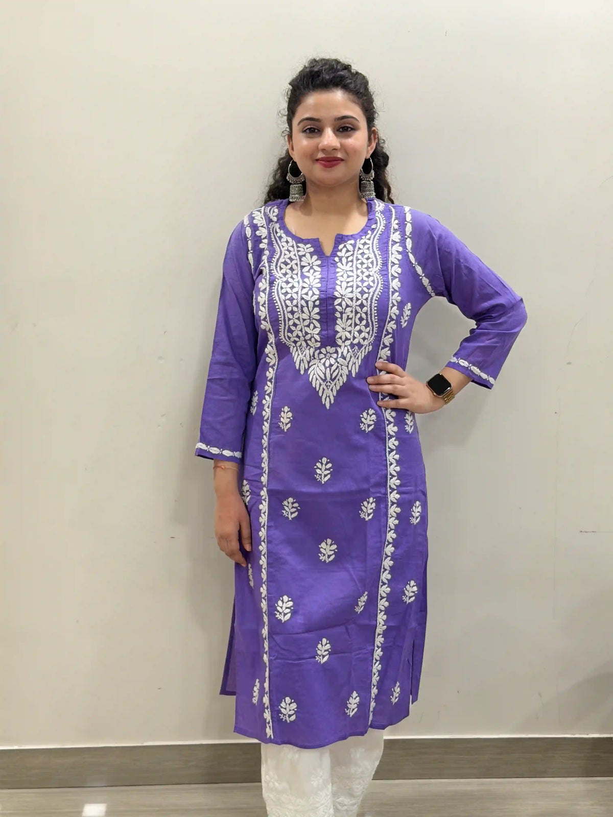 Cotton Chikankari Solid Women's Long Kurta - Purple