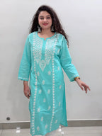 Cotton Chikankari Solid Women's Long Kurta - Sea Green