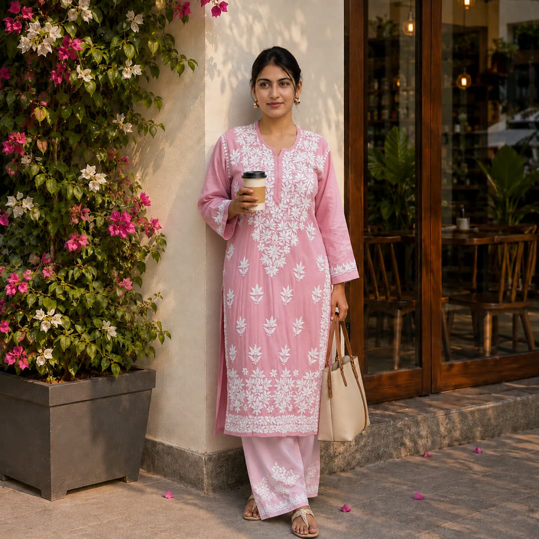 Blush Pink Modal Kurta with Delicate Handwork Chikankari