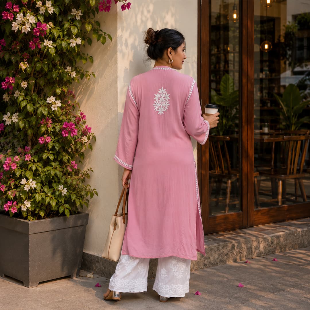 Blush Pink Modal Kurta with Delicate Handwork Chikankari