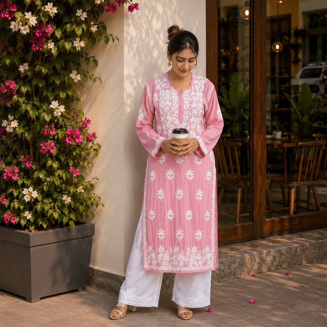 Blush Pink Modal Kurta with Delicate Handwork Chikankari