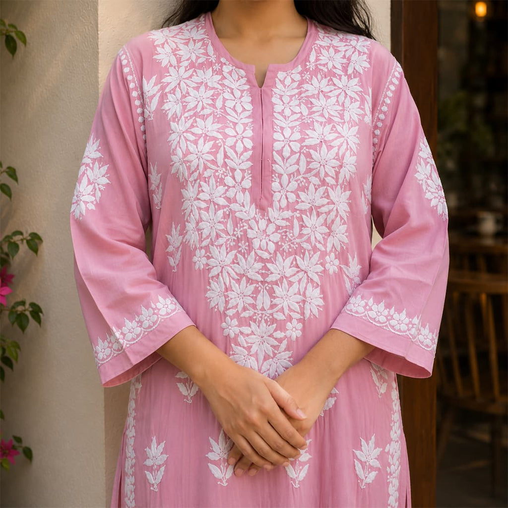 Blush Pink Modal Kurta with Delicate Handwork Chikankari