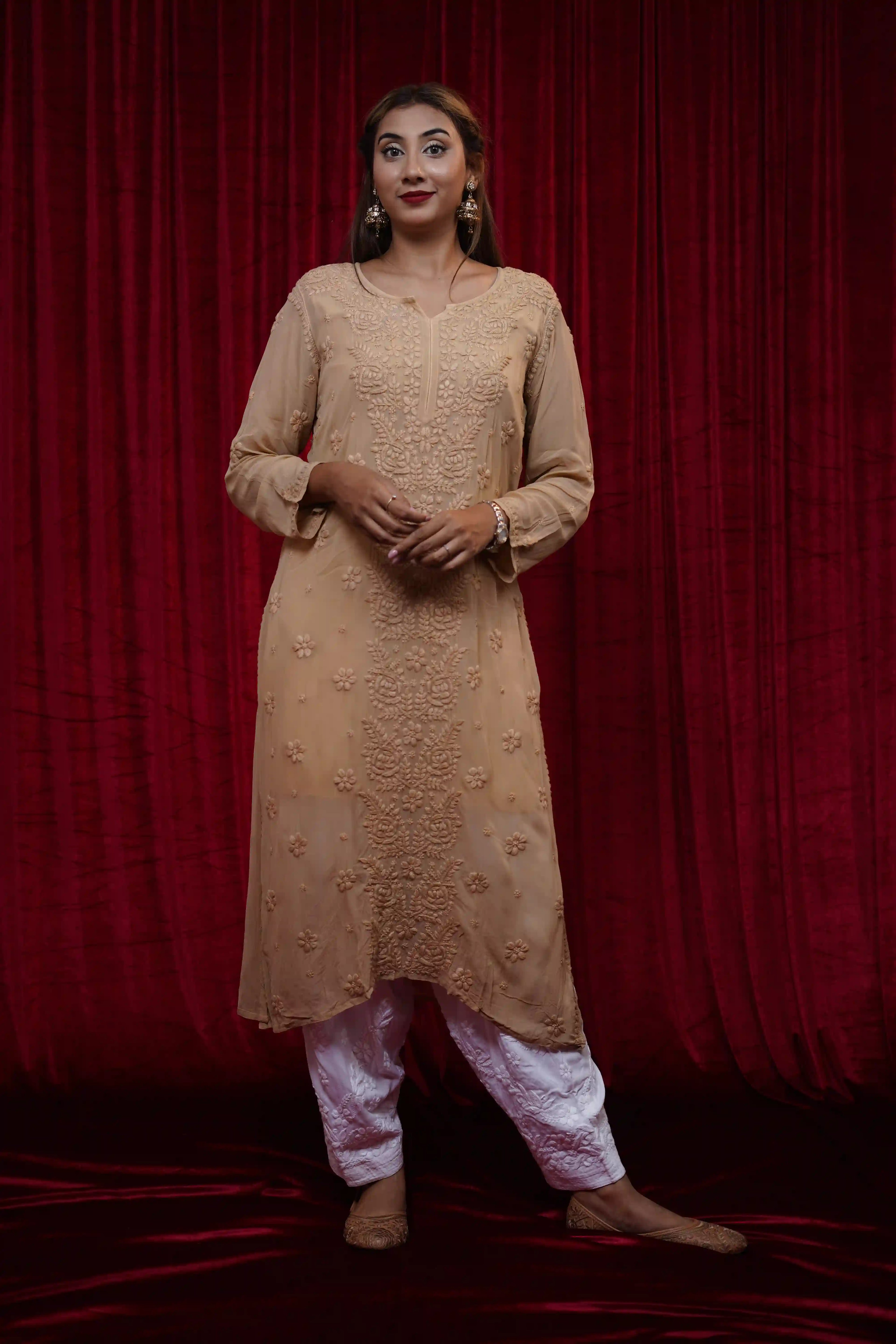 Viscose Beige Fine Chikankari Kurti