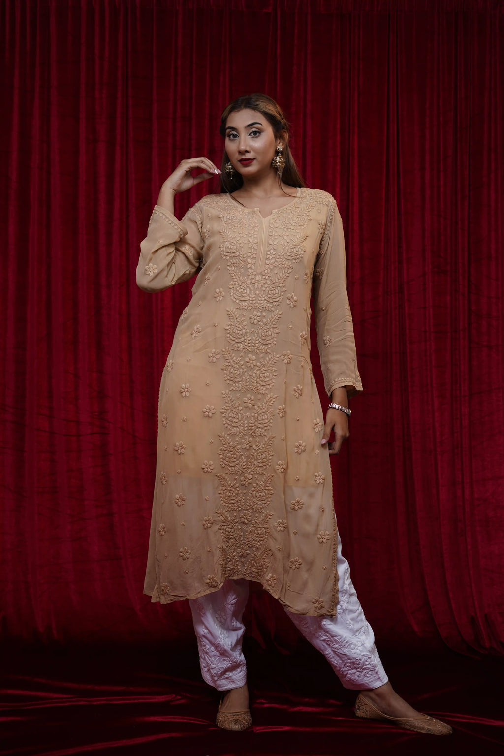 Viscose Chikankari Solid Women's Long Kurta - Beige