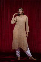Viscose Chikankari Solid Women's Long Kurta - Beige