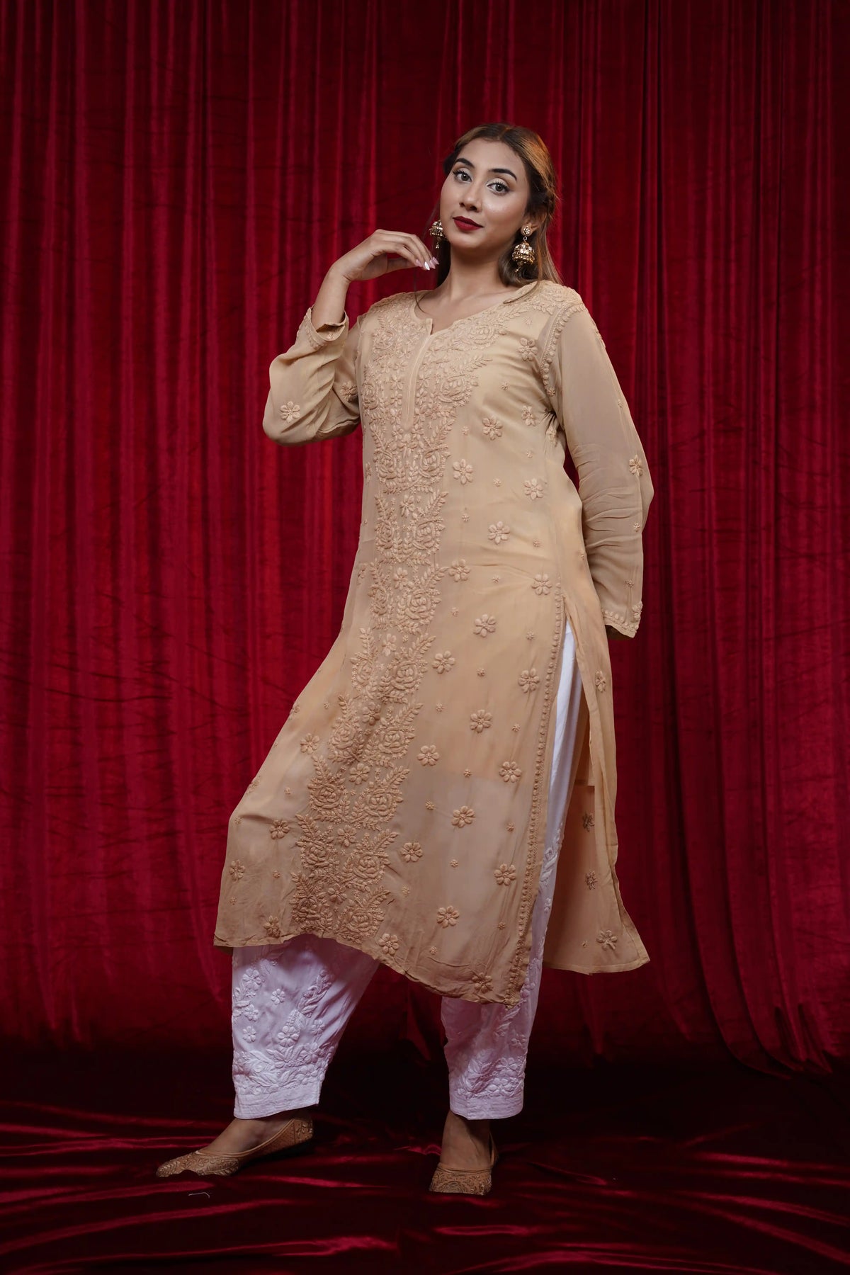 Viscose Chikankari Solid Women's Long Kurta - Beige