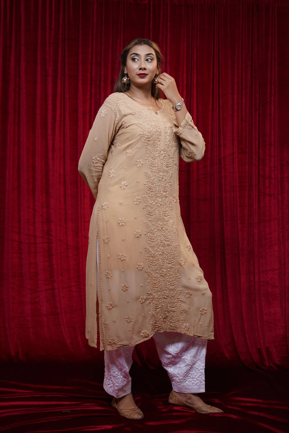 Viscose Chikankari Solid Women's Long Kurta - Beige