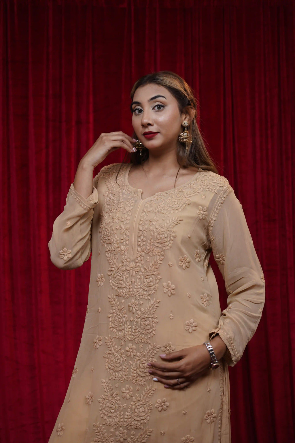 Viscose Beige Fine Chikankari Kurti