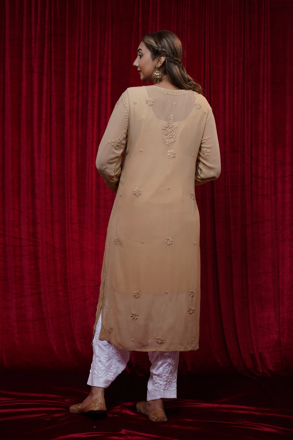 Viscose Chikankari Solid Women's Long Kurta - Beige