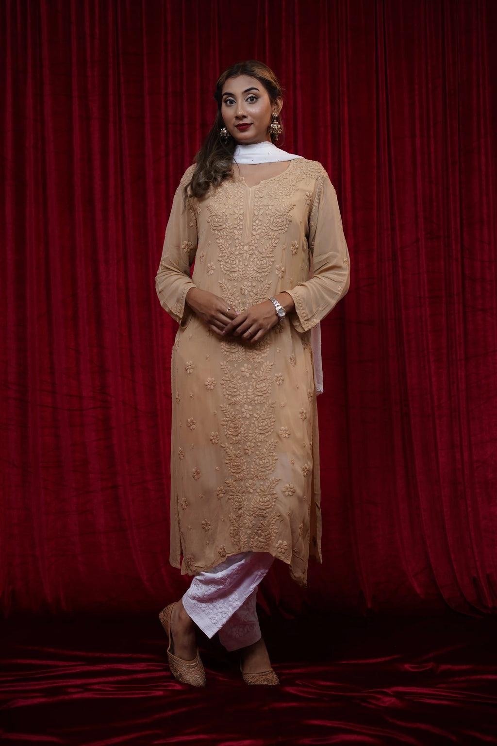Viscose Chikankari Solid Women's Long Kurta - Beige