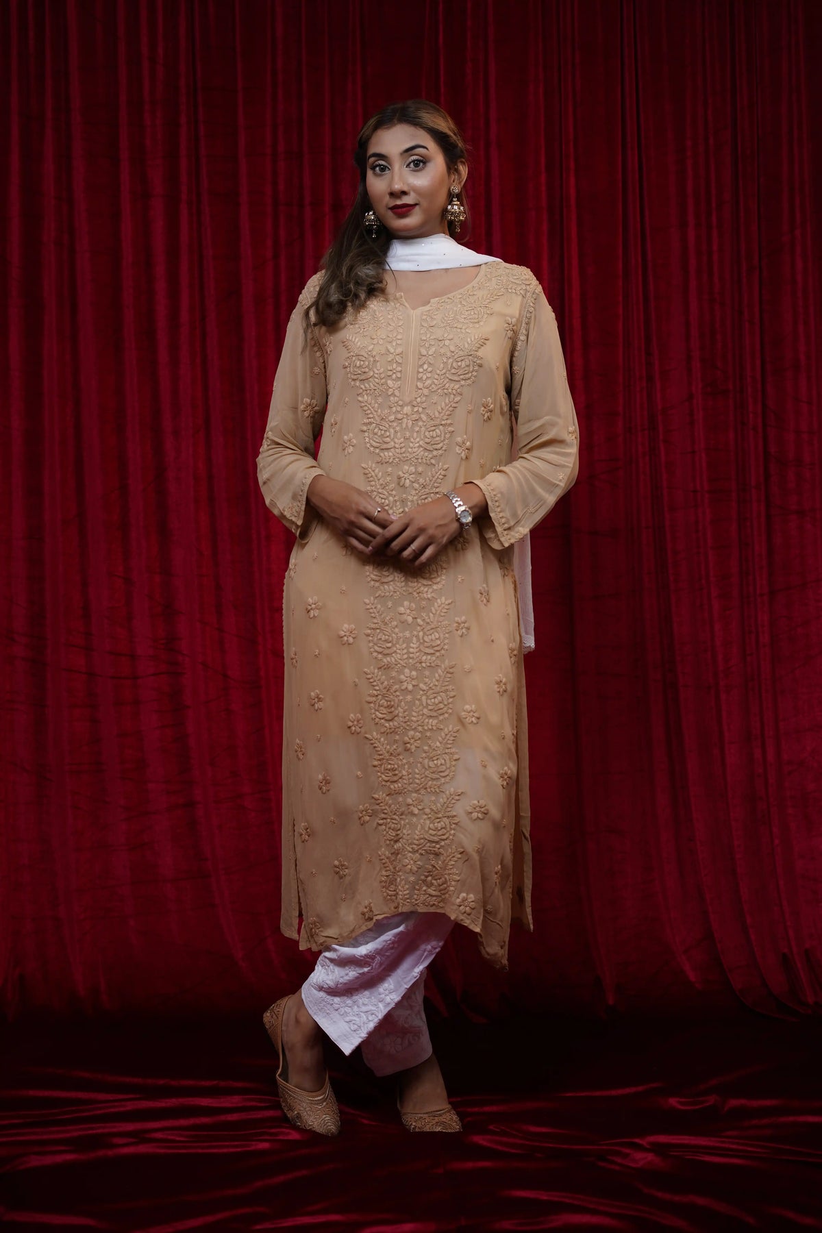 Viscose Chikankari Solid Women's Long Kurta - Beige