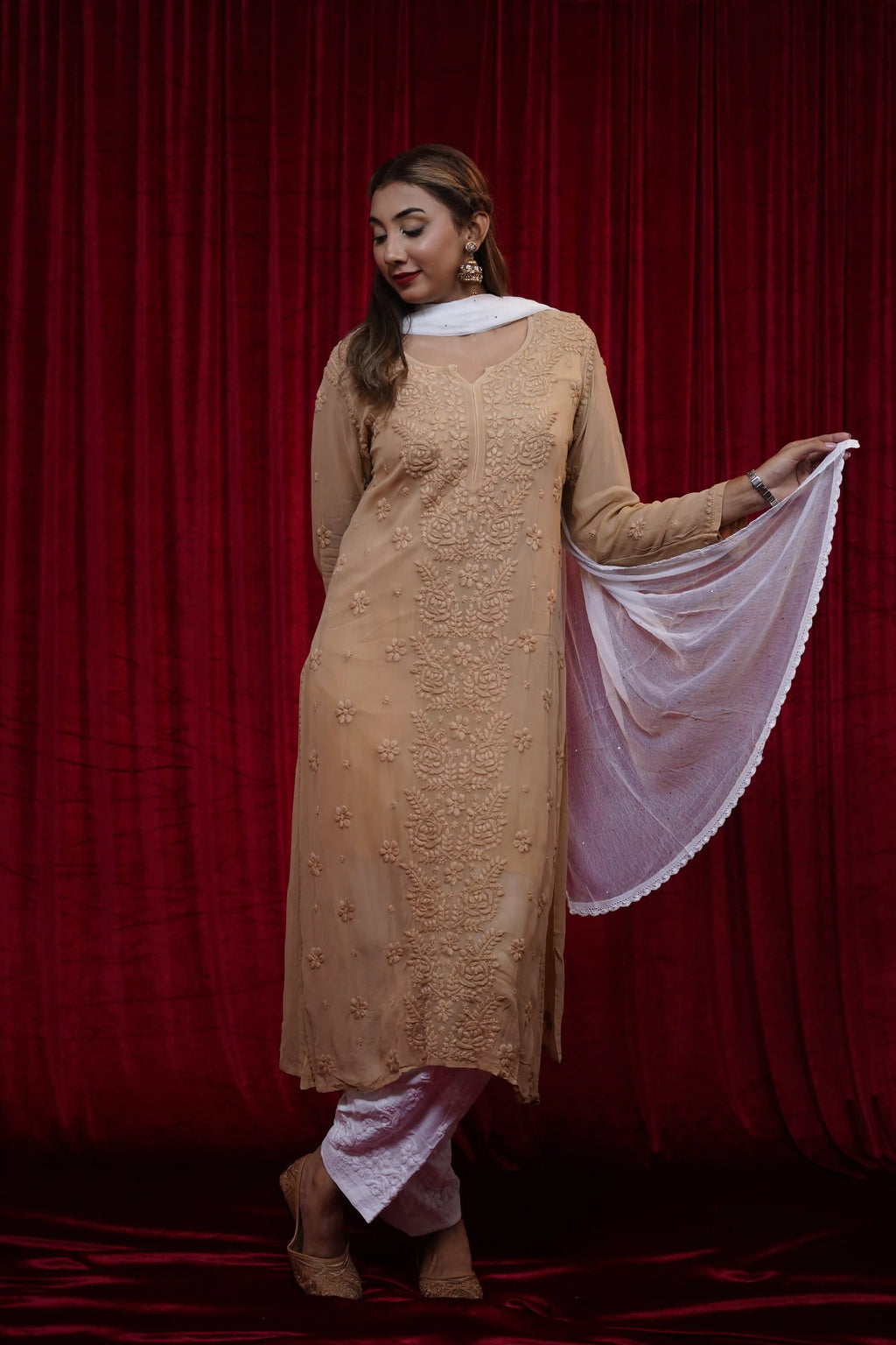 Viscose Chikankari Solid Women's Long Kurta - Beige