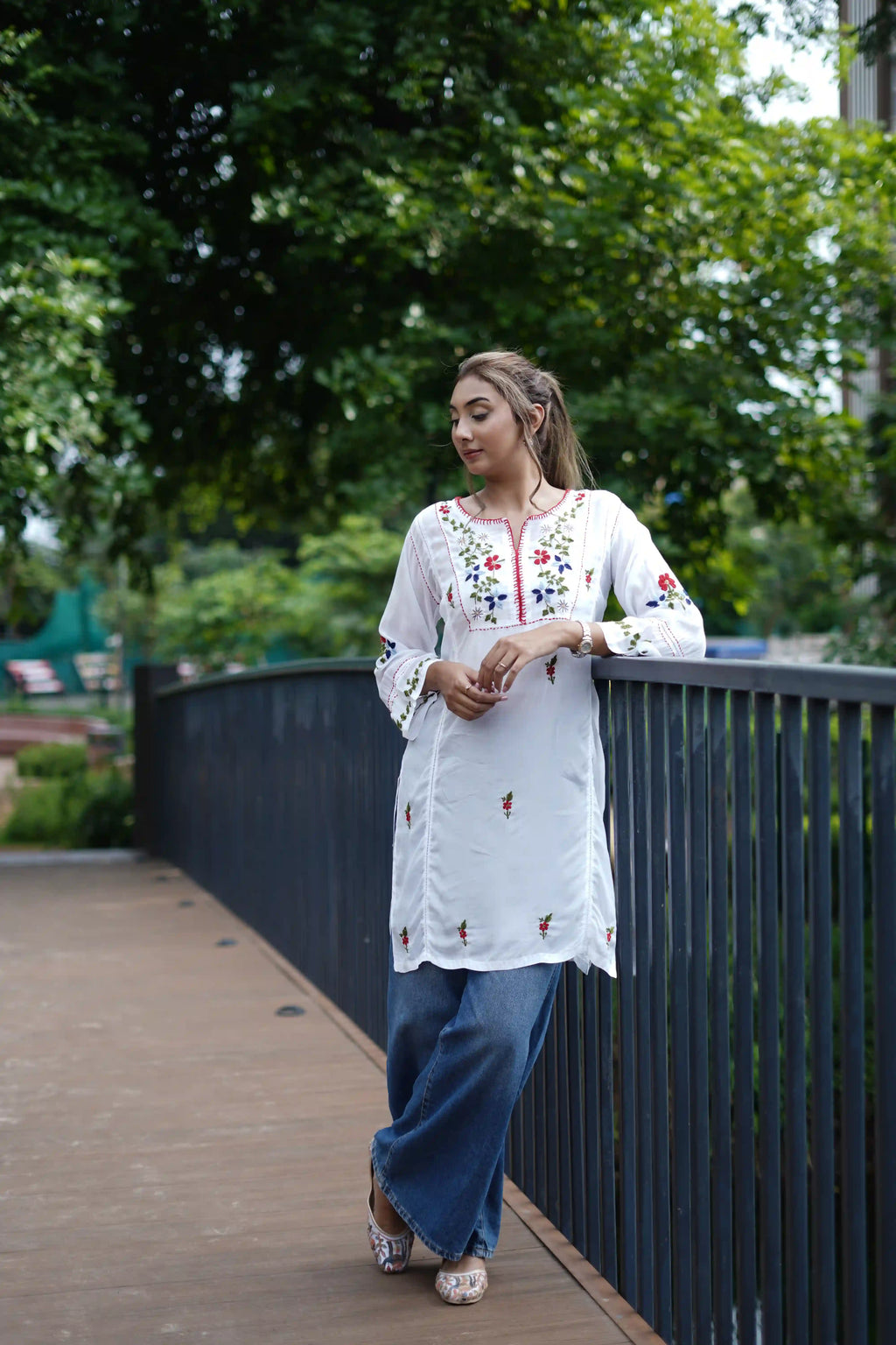 Muslin Tunic Style Kurti - Red & Multi color Thread