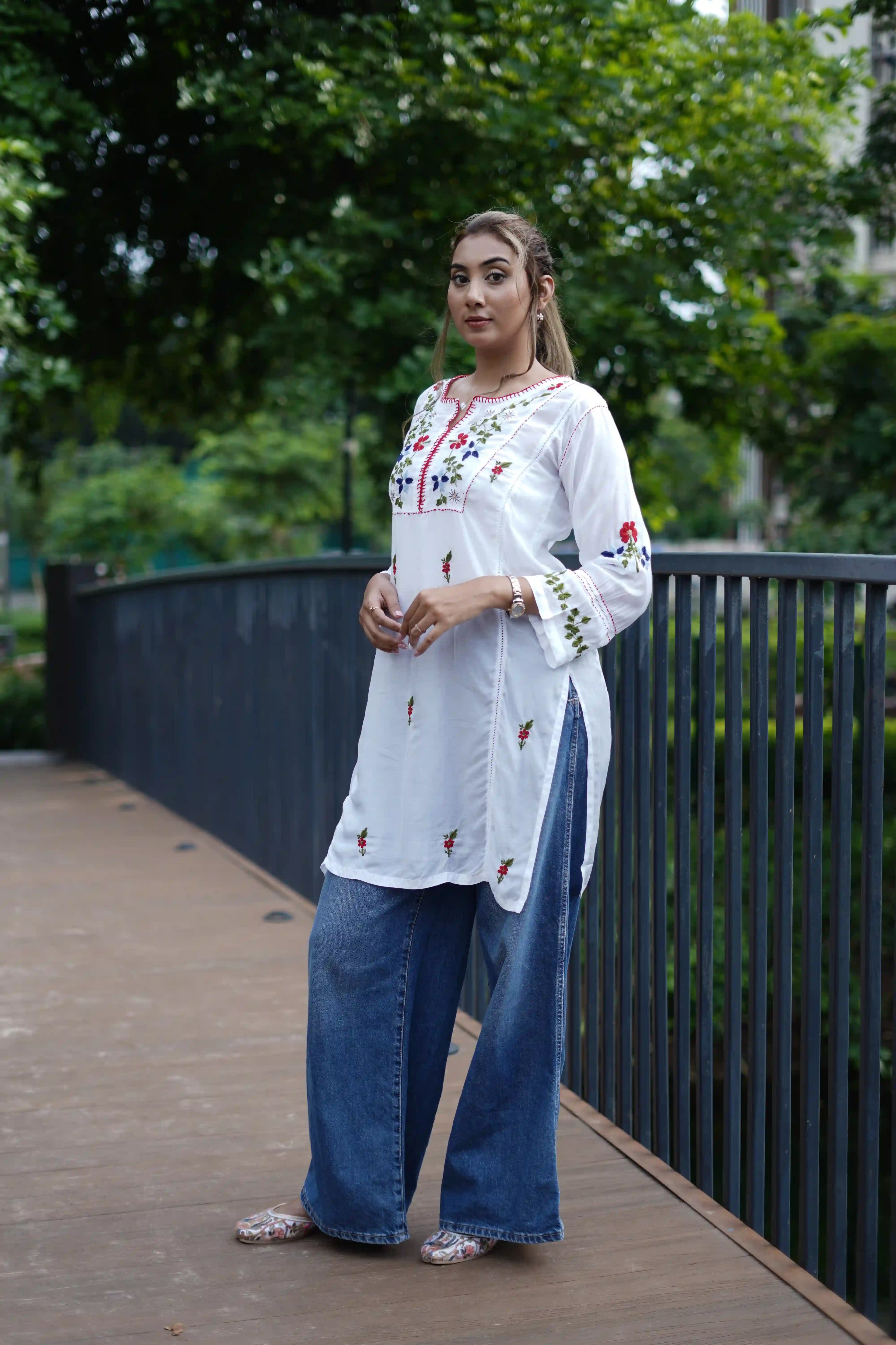 Muslin Tunic Style Kurti - Red & Multi color Thread