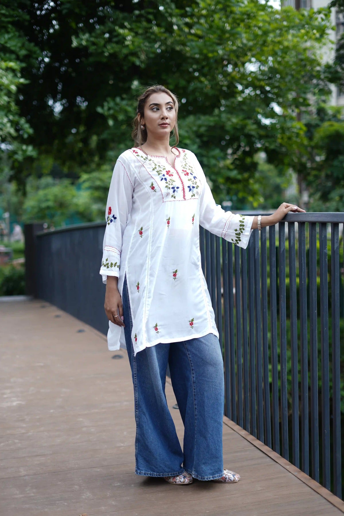 Muslin Tunic Style Kurti - Red & Multi color Thread