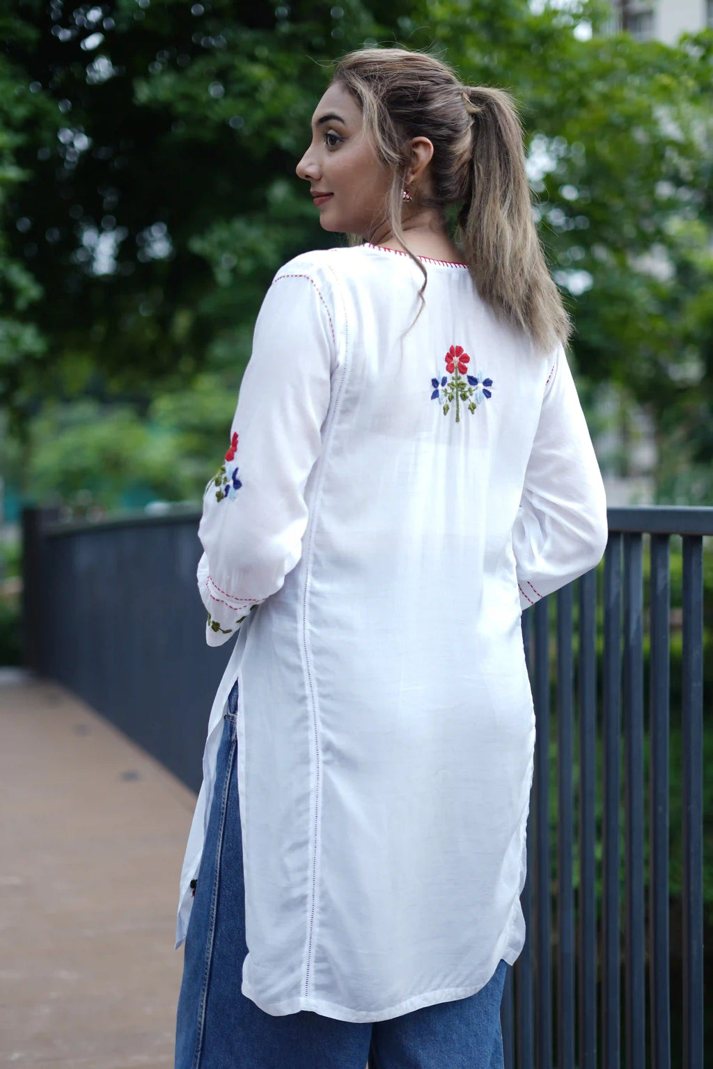 Muslin Tunic Style Kurti - Red & Multi color Thread