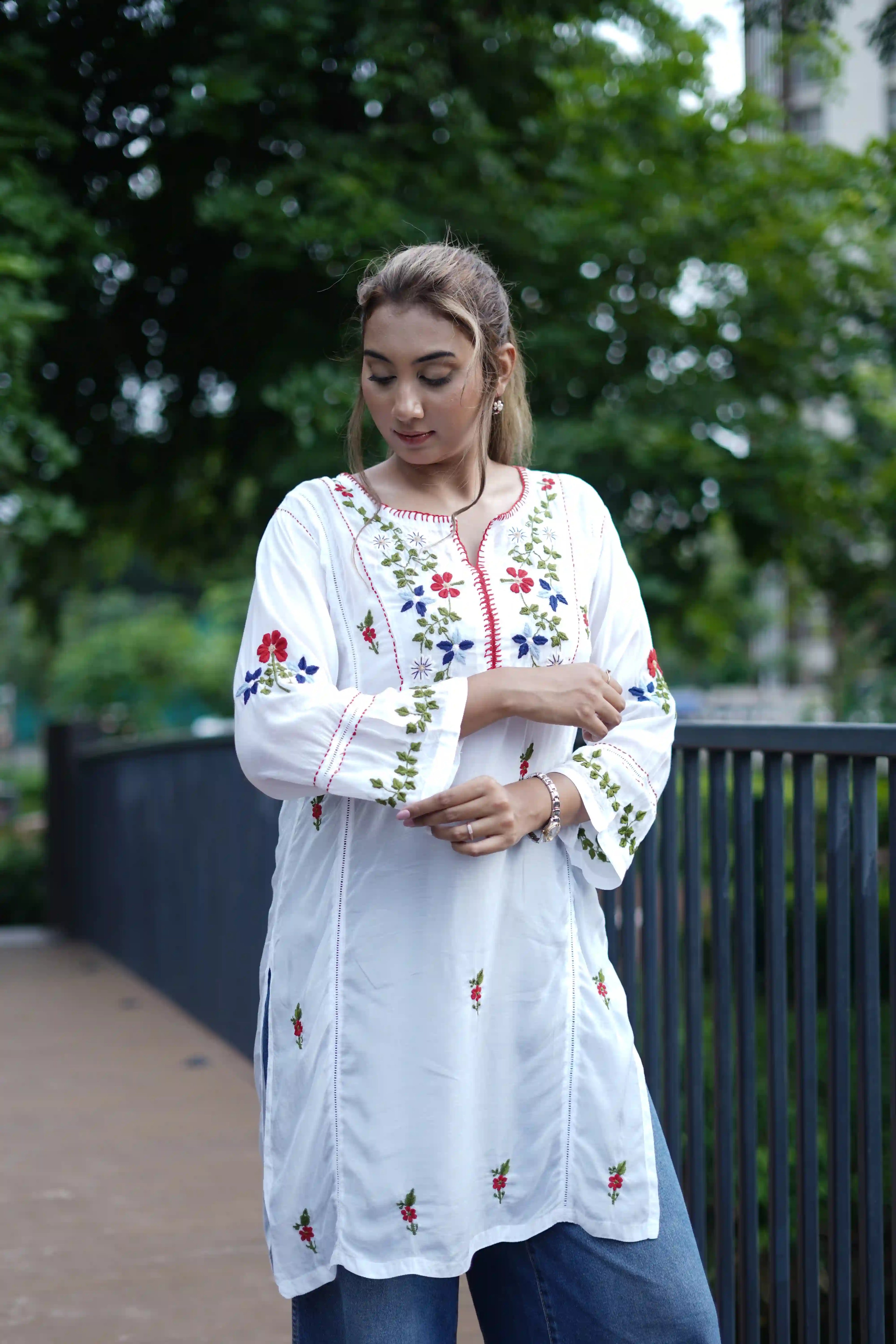 Muslin Tunic Style Kurti - Red & Multi color Thread