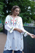 Muslin Tunic Style Kurti - Red & Multi color Thread
