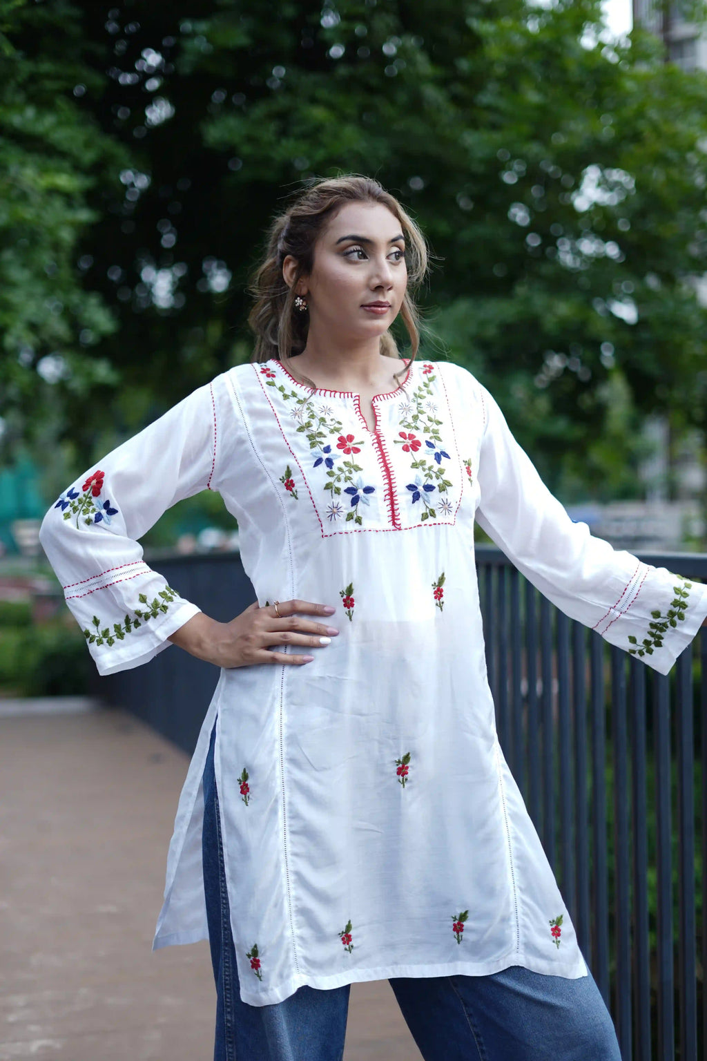 Muslin Tunic Style Kurti - Red & Multi color Thread
