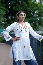 Muslin Tunic Style Kurti - Red & Multi color Thread