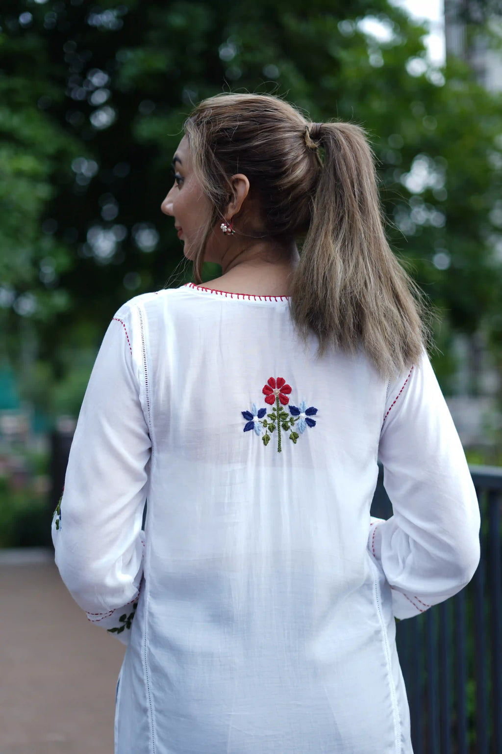 Muslin Tunic Style Kurti - Red & Multi color Thread