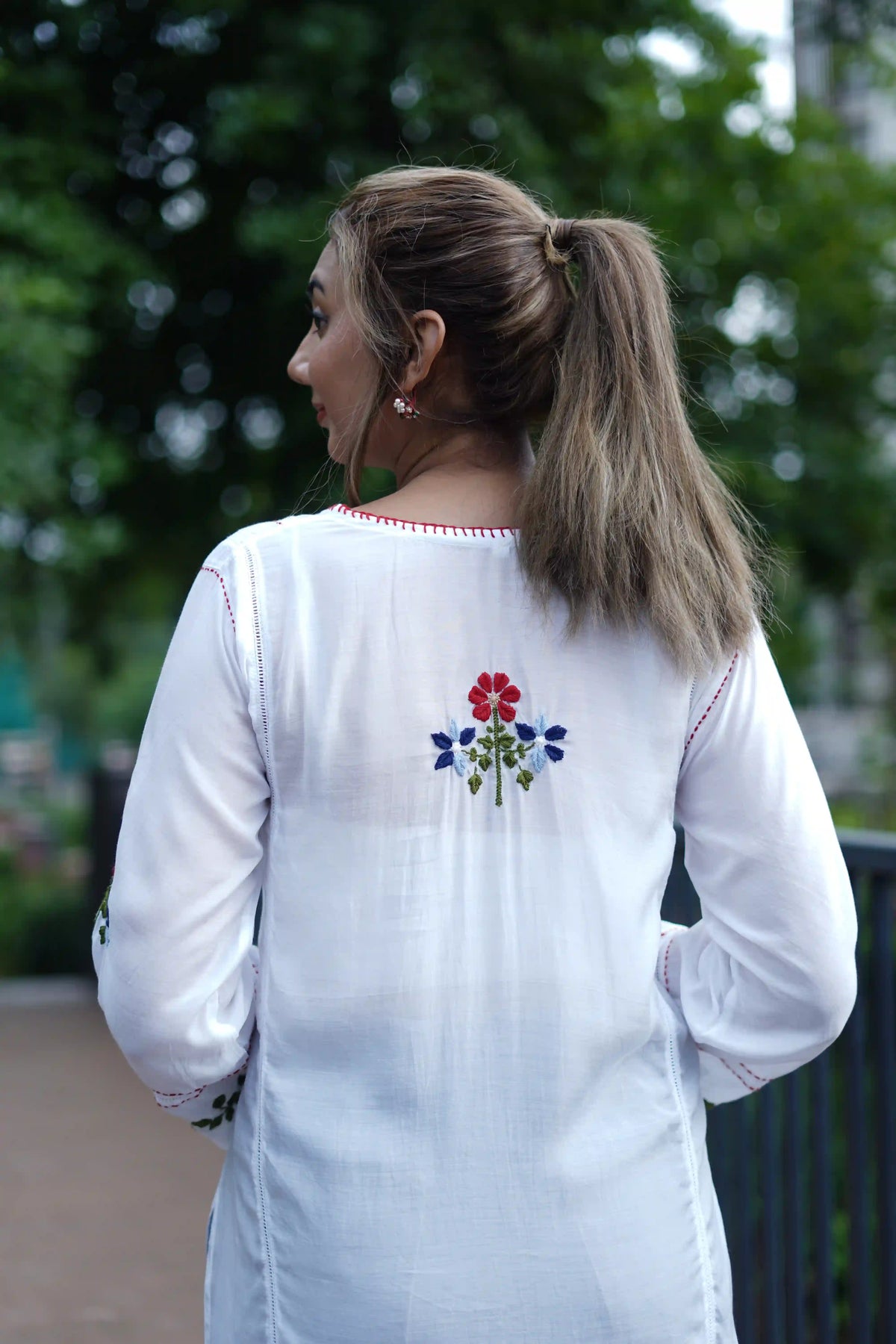 Muslin Tunic Style Kurti - Red & Multi color Thread