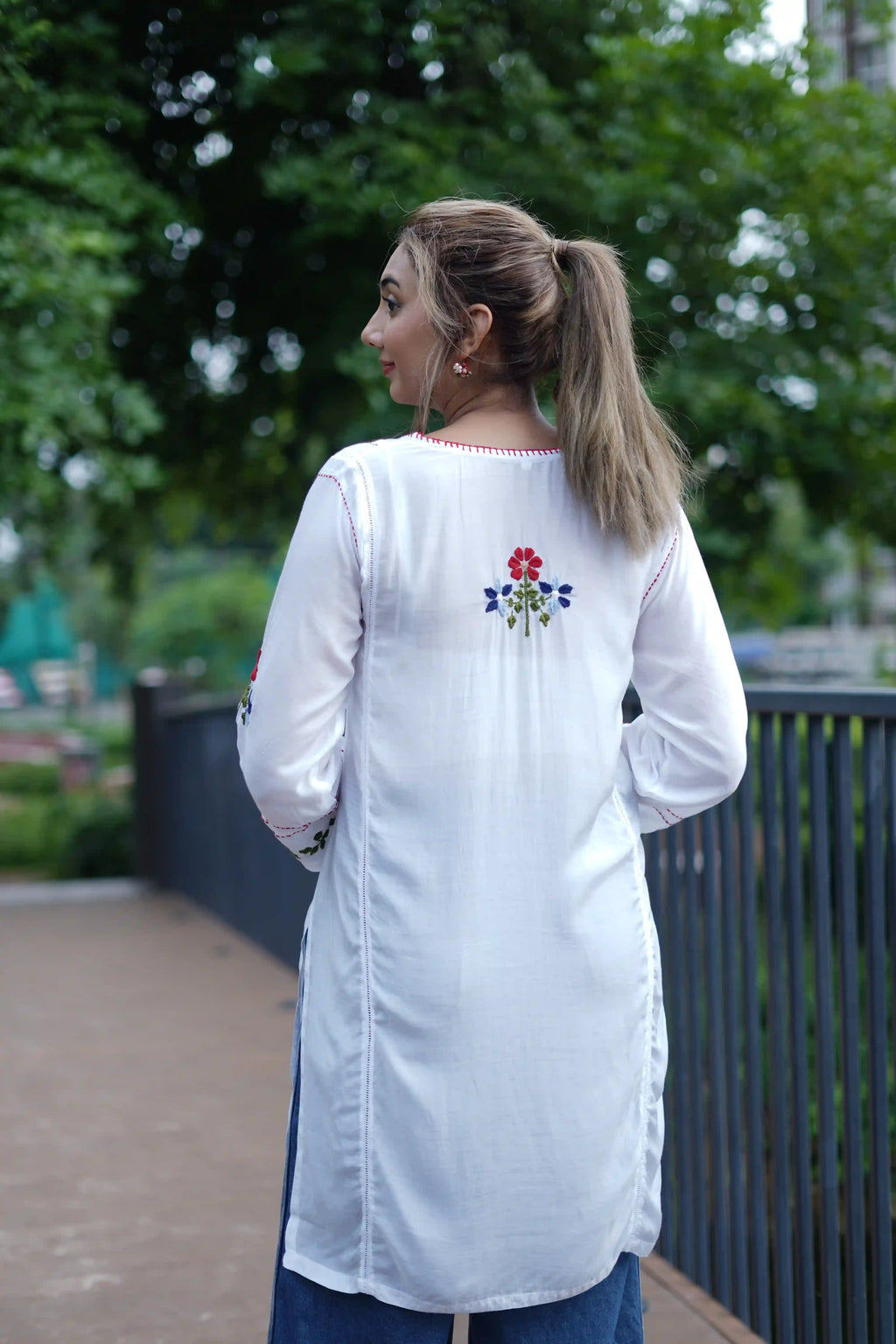 Muslin Tunic Style Kurti - Red & Multi color Thread