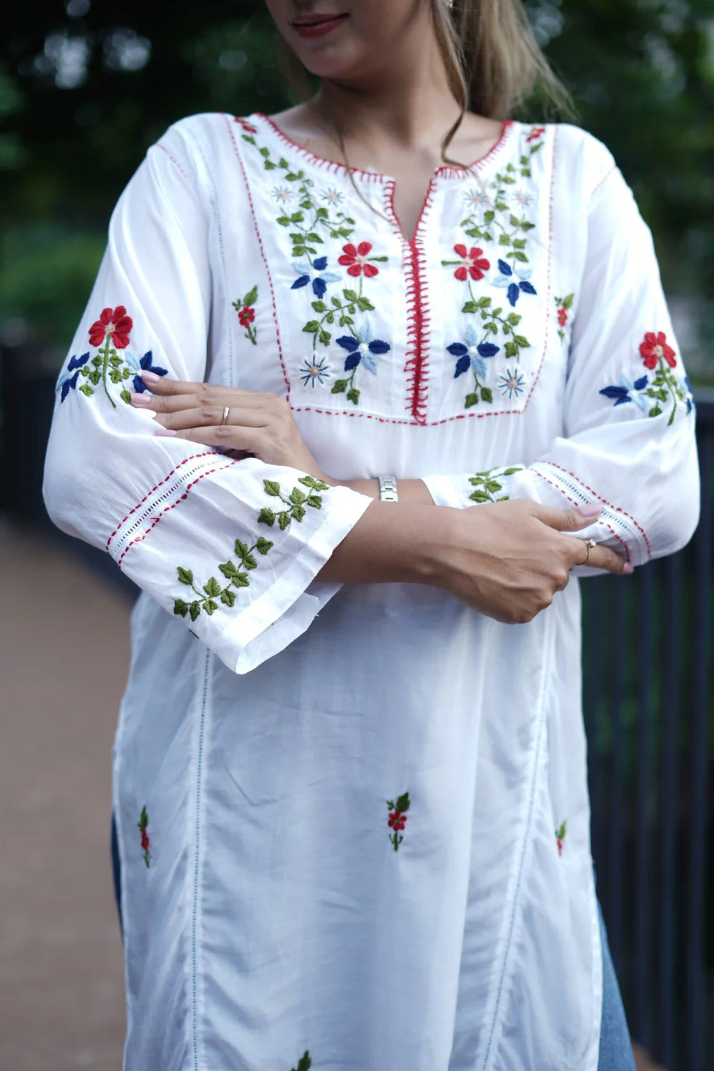 Muslin Tunic Style Kurti - Red & Multi color Thread