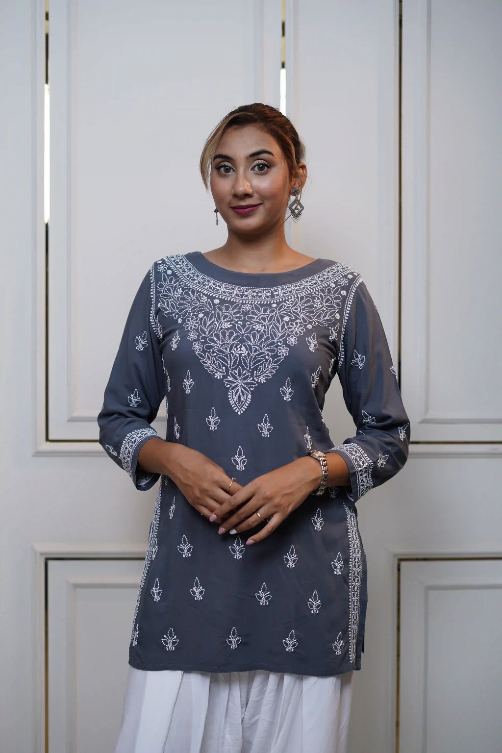 Modal Dark Grey Short Kurti with fine Chikankari
