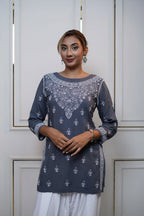Modal Dark Grey Short Kurti with fine Chikankari