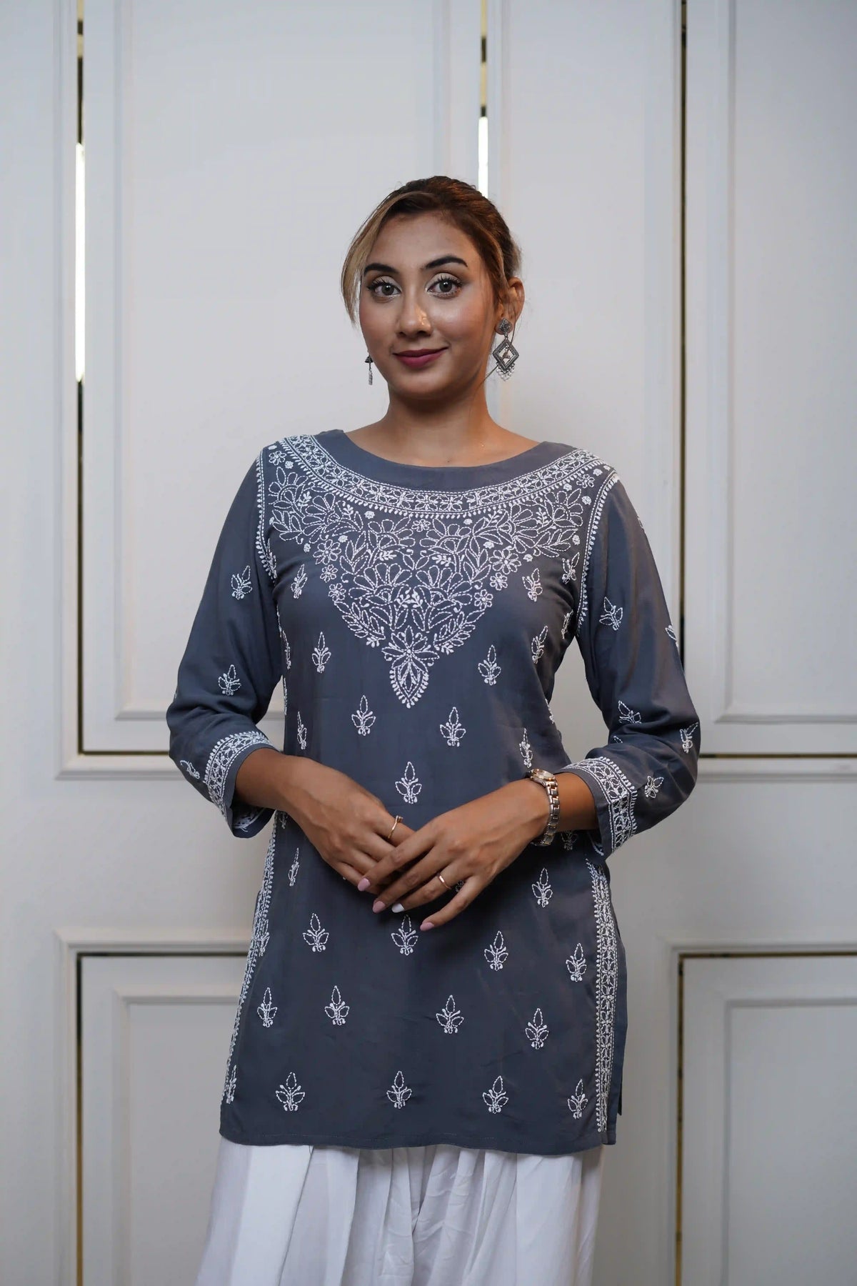 Modal Dark Grey Short Kurti with fine Chikankari