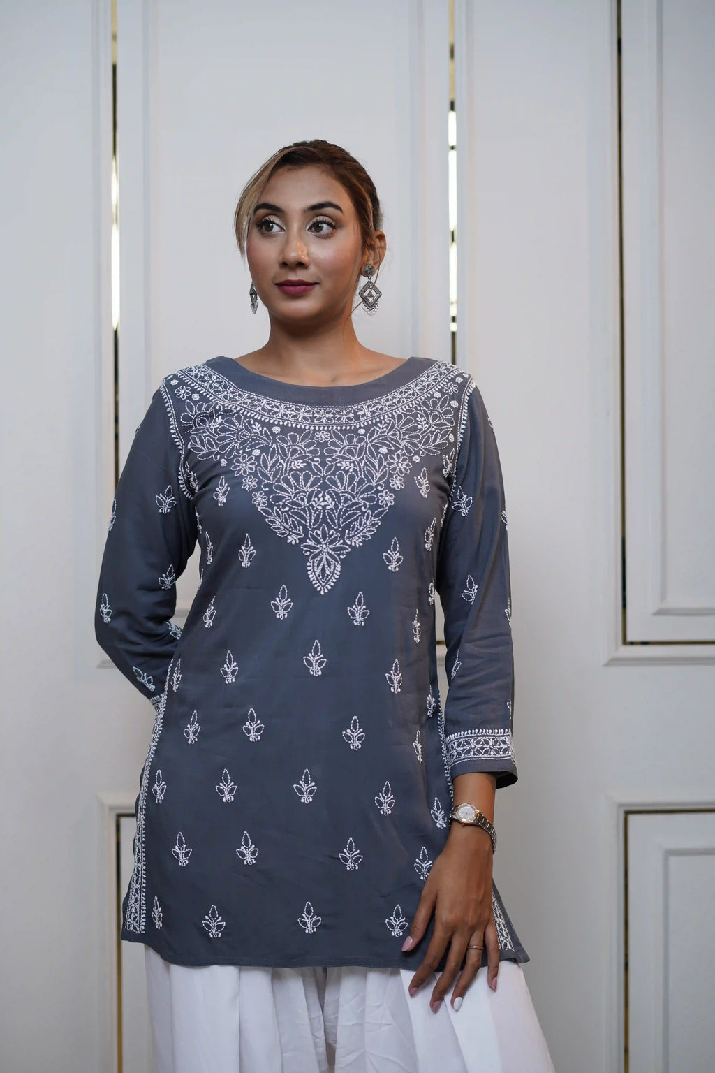 Modal Dark Grey Short Kurti with fine Chikankari