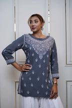 Modal Dark Grey Short Kurti with fine Chikankari
