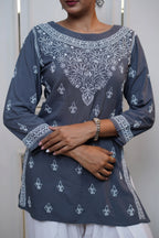 Modal Dark Grey Short Kurti with fine Chikankari