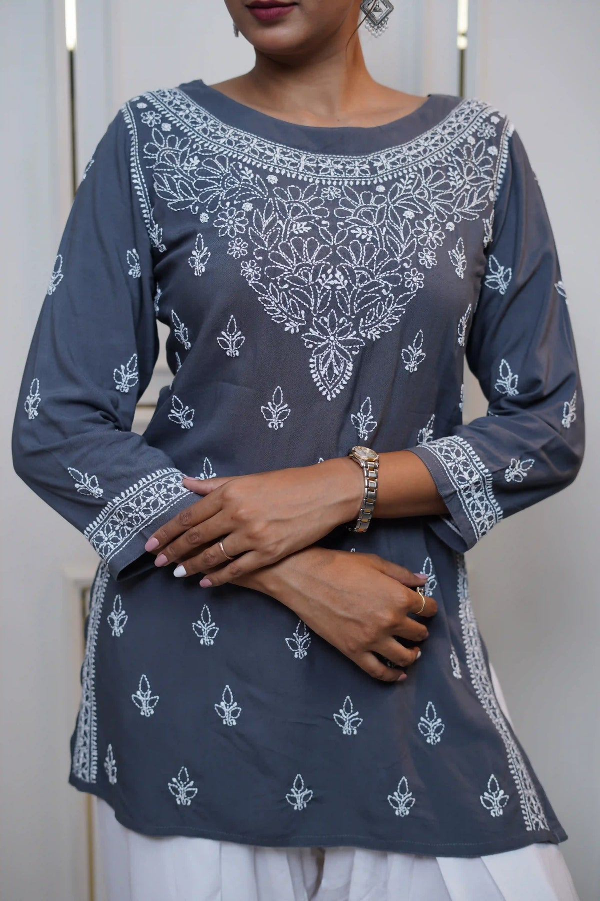 Modal Dark Grey Short Kurti with fine Chikankari