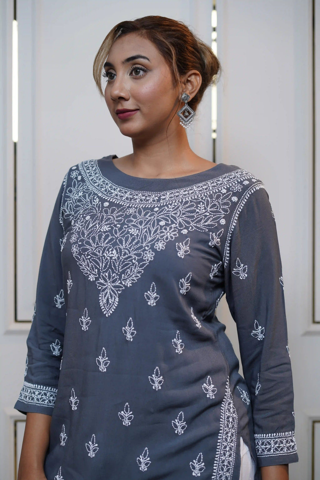 Modal Dark Grey Short Kurti with fine Chikankari